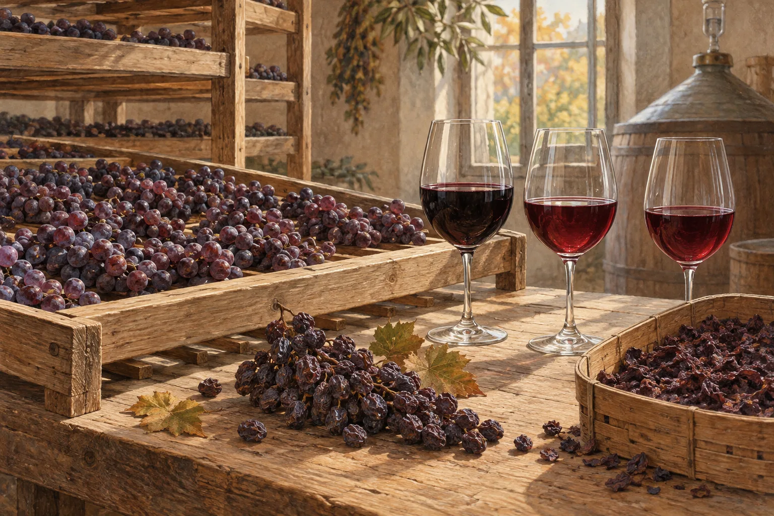 Illustration of grapes drying on wooden trays, dried grapes, grape skins, and three red wines