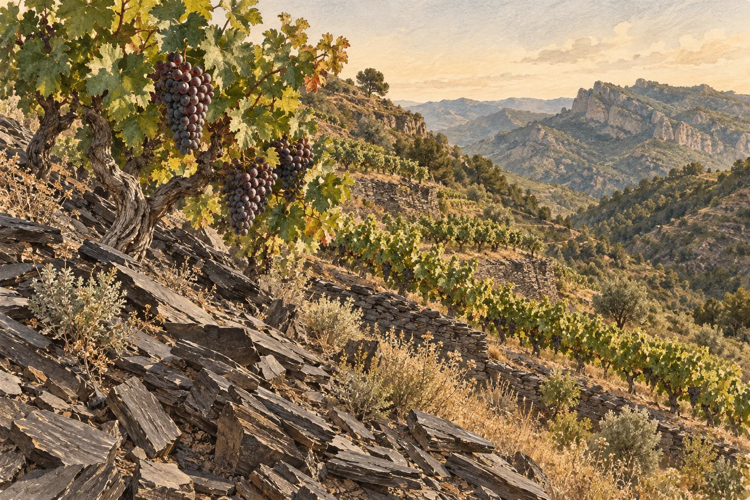 Illustration of a steep Priorat-style vineyard with dark slate and ripe grapes