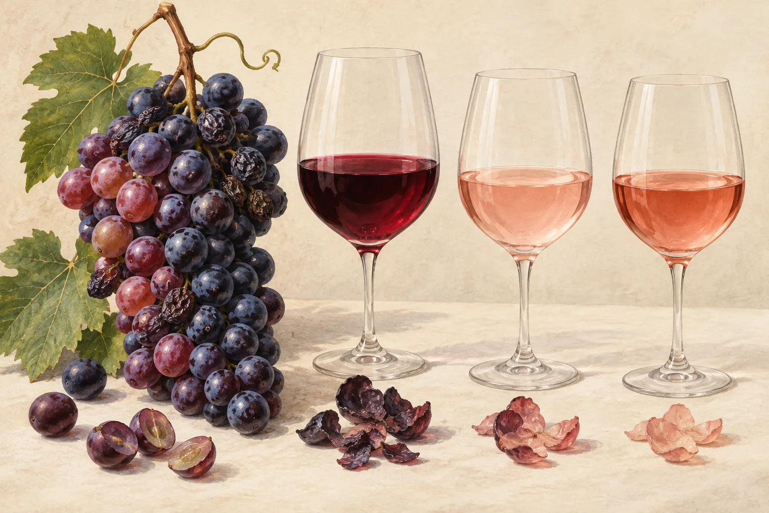 Illustration of unevenly ripened dark grapes beside red, pale pink, and salmon-coloured wines