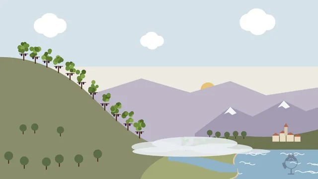 手绘风格插图：俯瞰雾气弥漫的河谷的山坡葡萄园，远处有湖泊和群山