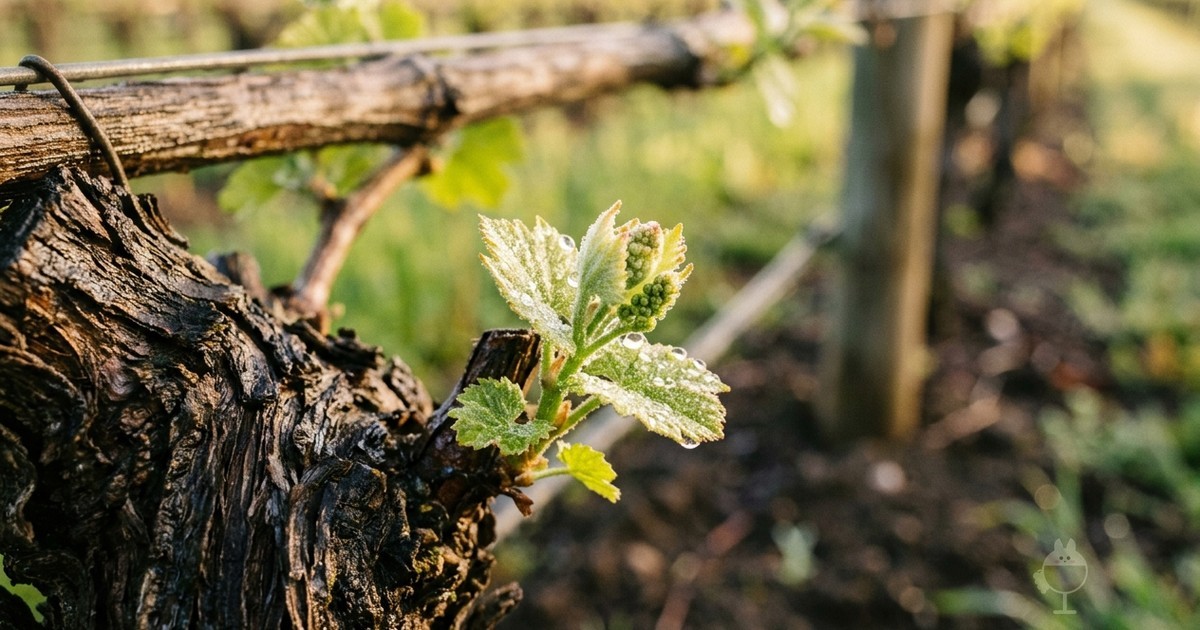 Jeune pousse de vigne couverte de rosée sortant d’un vieux cep noueux, près d’un fil de palissage
