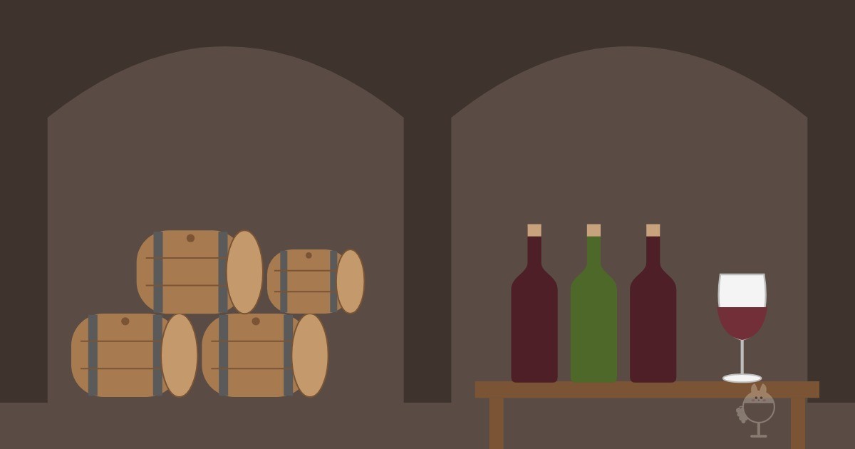 Illustration von Eichenfässern, Weinflaschen und einem Glas in einem Keller