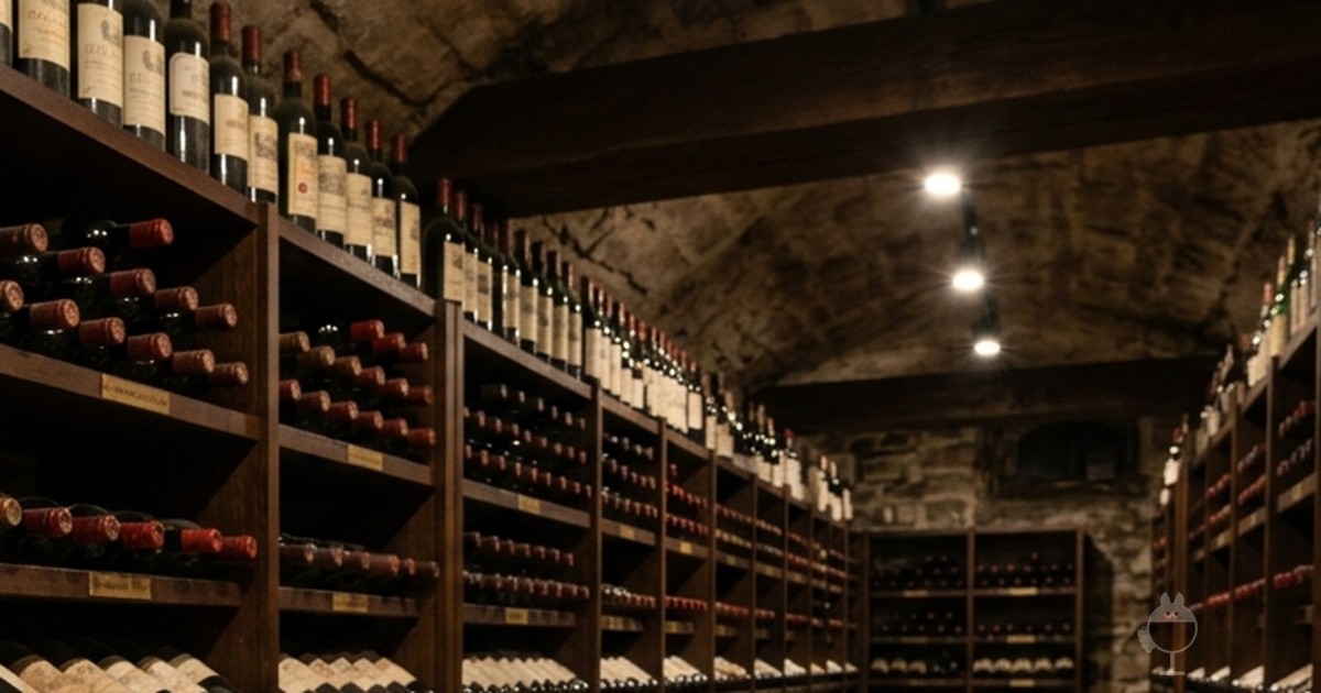 A vaulted stone cellar lined with long wooden racks of wine bottles under ceiling spotlights
