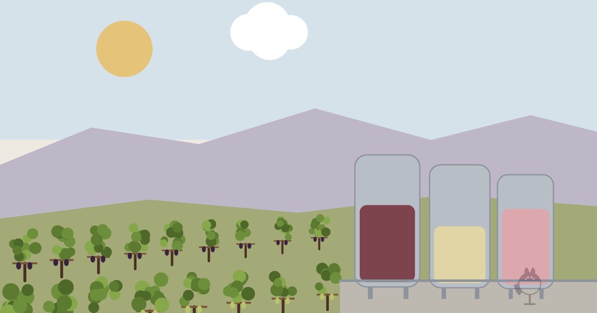Illustration von Edelstahltanks neben Rebzeilen im Drahtrahmen