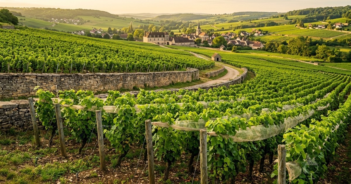 A hillside vineyard enclosed by low stone walls, with white netting along the vine rows and a village in the distance