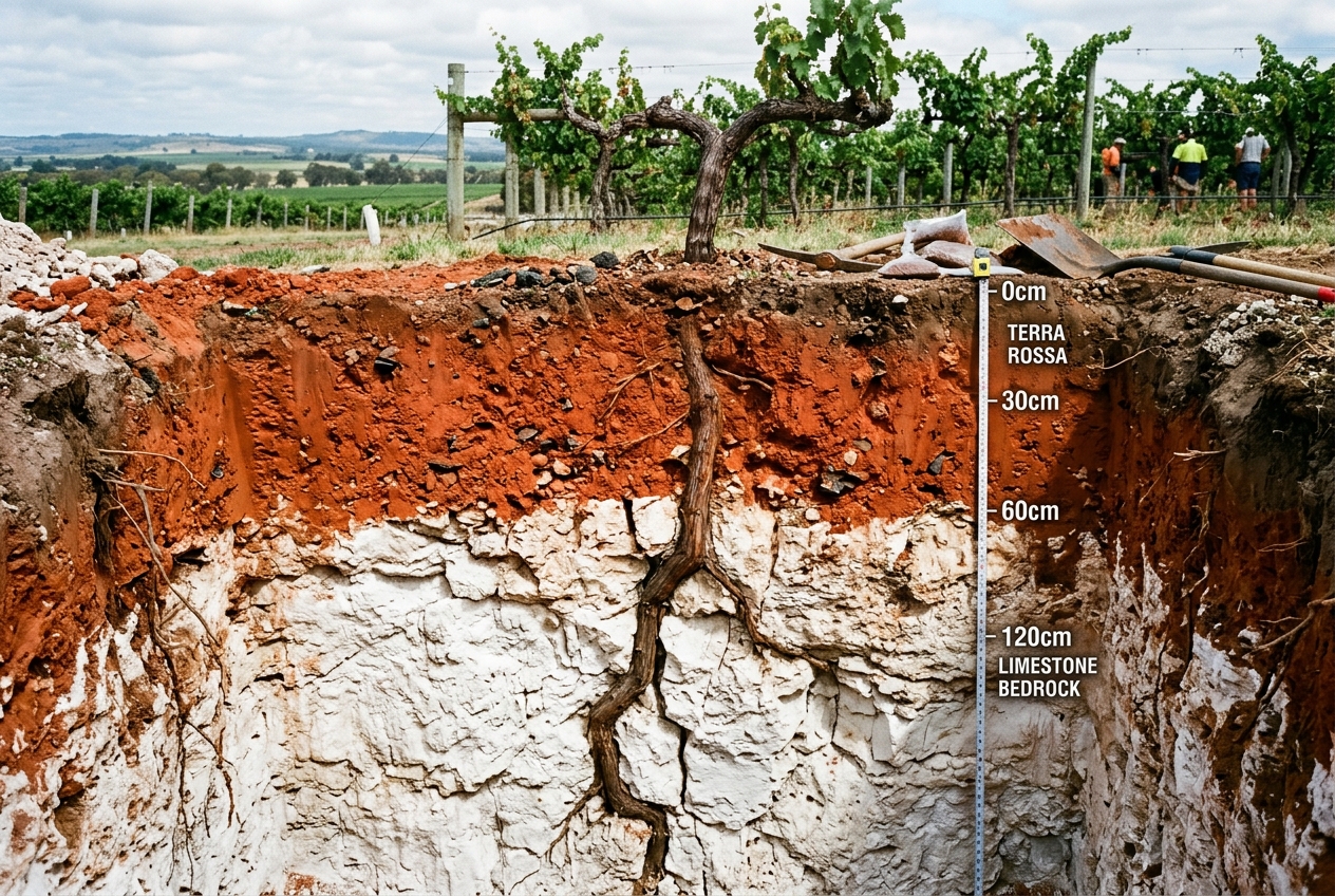 Bodenprofil mit leuchtend roter Terra Rossa über weißem Kalkstein in Coonawarra