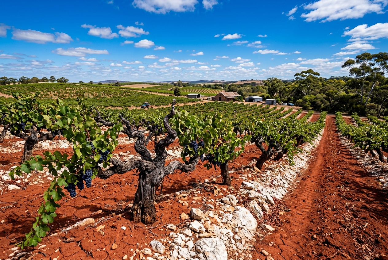 Spektakulärer Kontrast zwischen roter Terra-Rossa-Erde und grünen Reben in Coonawarra