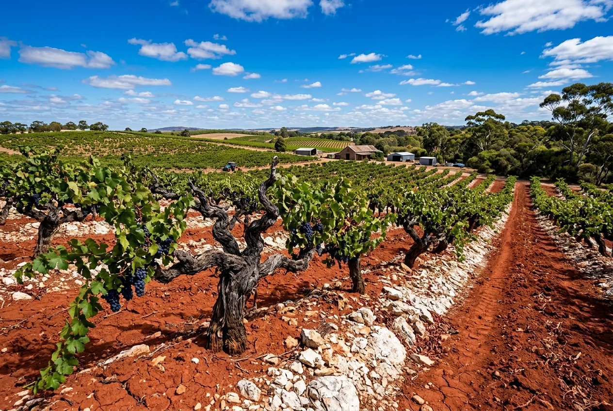 Uralte wurzelechte Buschreben im Barossa Valley neben der leuchtend roten Terra-Rossa-Erde in Coonawarra
