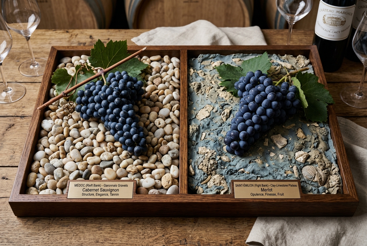 Geologisches Vergleichstablett mit Médoc-Kies und blauem Ton aus Saint-Émilion
