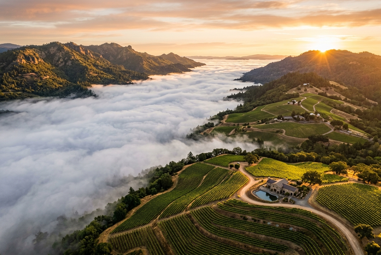 Mer de brouillard matinal remplissant la vallée de Napa sous les vignes de montagne ensoleillées