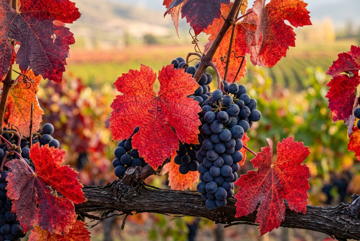 Karminrote Blätter und dunkle Carmenère-Trauben im Colchagua-Tal
