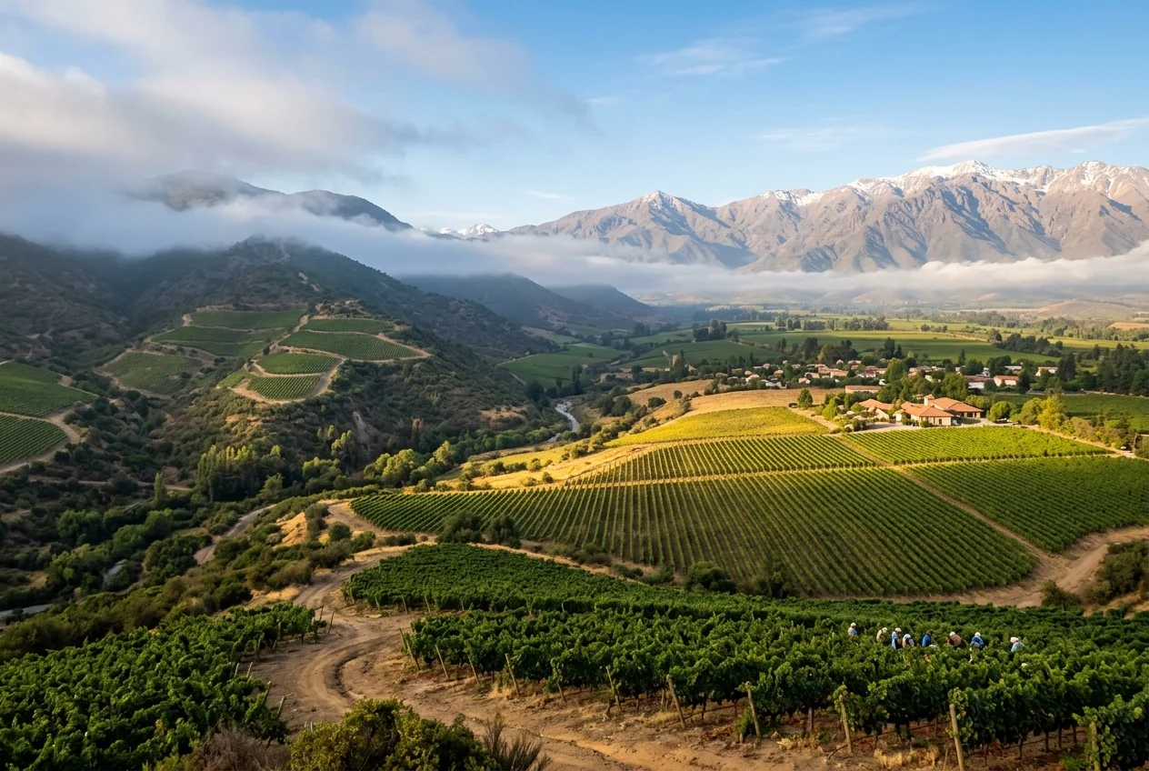 Kühle Nebel des Humboldt-Stroms an Chiles Küstenkordillere und sonnige Carmenère-Weinberge im Colchagua Valley