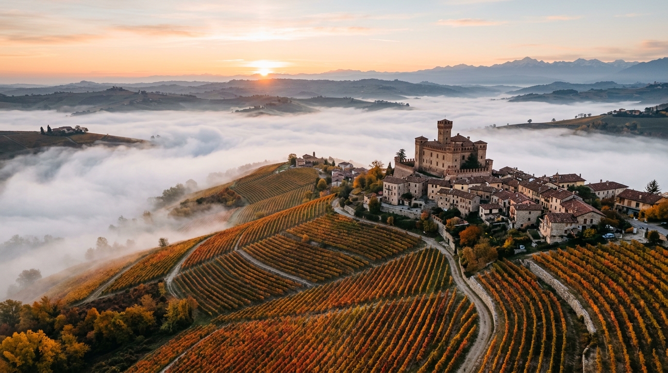 Panoramablick auf die Barolo-Weinberge über dem Nebelmeer im Piemont