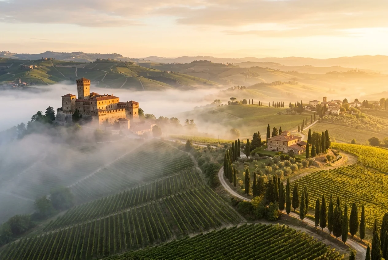 Neblig-mystische Hügel der Langhe bei Barolo und sonnenverwöhnte toskanische Zypressenalleen im Chianti