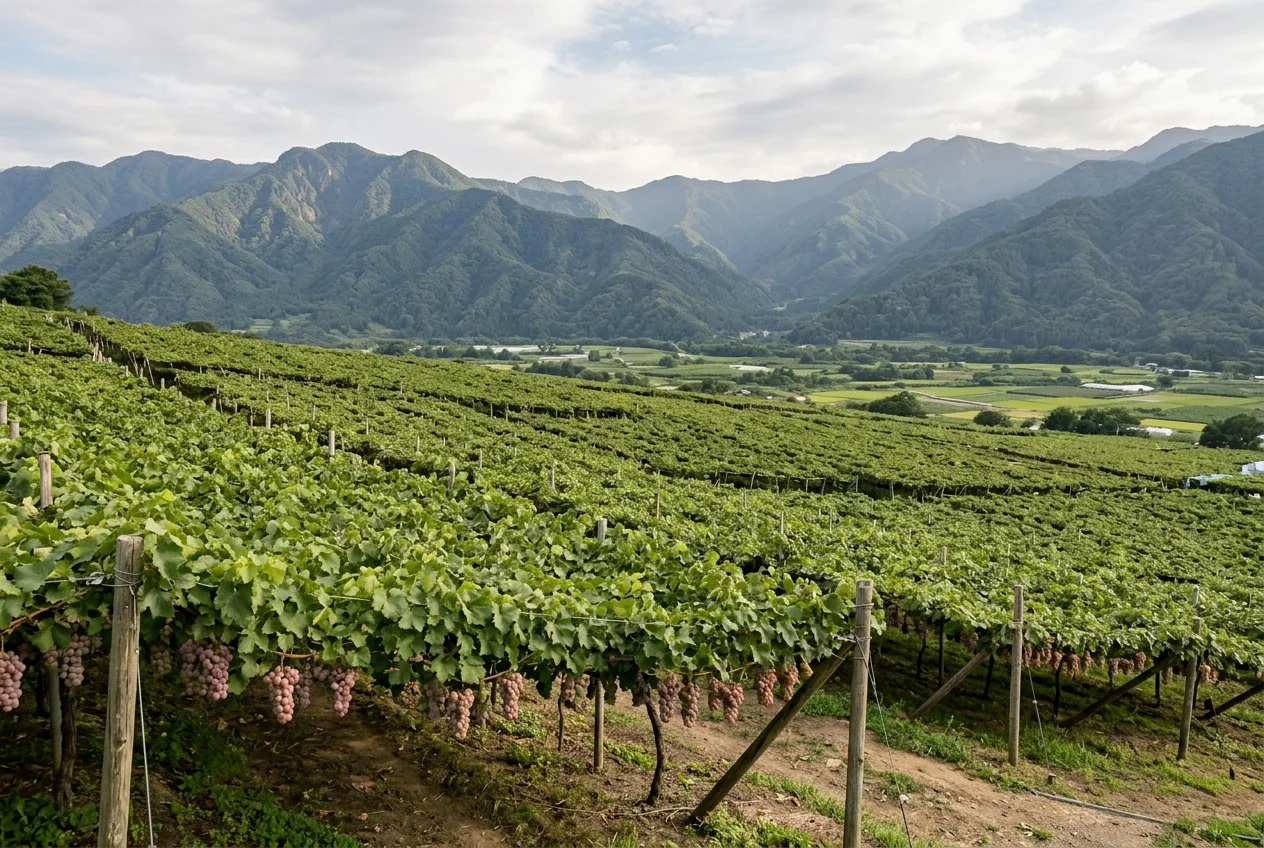 Viti allevate a pergola distese su una conoide alluvionale nel bacino di Kofu, con alle spalle le montagne che circondano il bacino (immagine generata)