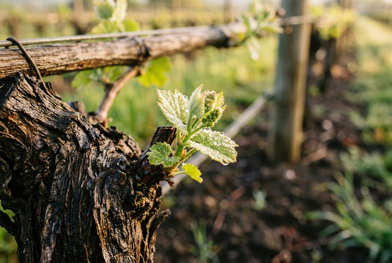 Frischer grüner Weinaustrieb an einem Rebstock im Napa Valley