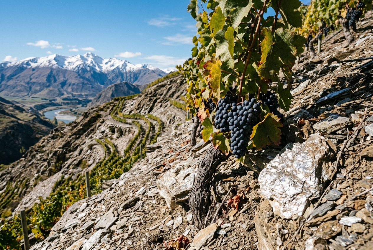 Schist soil and Pinot Noir cluster on steep Central Otago slope with snow mountains