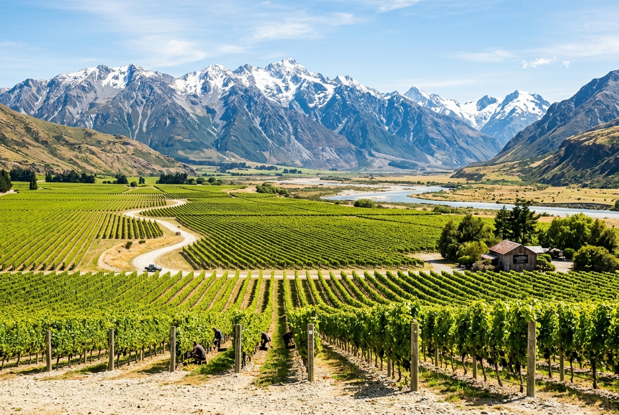Breathtaking panorama of Central Otago vineyards set amidst rugged schist peaks and turquoise rivers