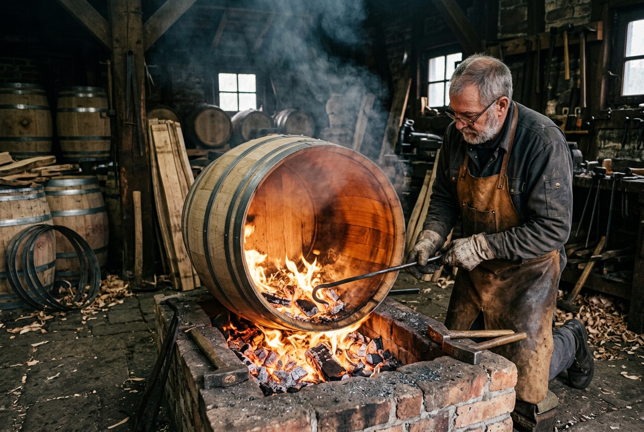 Master cooper toasting interior of oak wine barrel over open fire in cooperage workshop