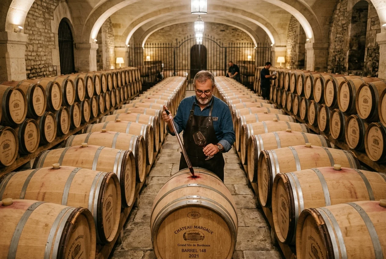 Symmetrical rows of toasted French oak barriques in a vaulted maturation cellar with cellar master tasting wine