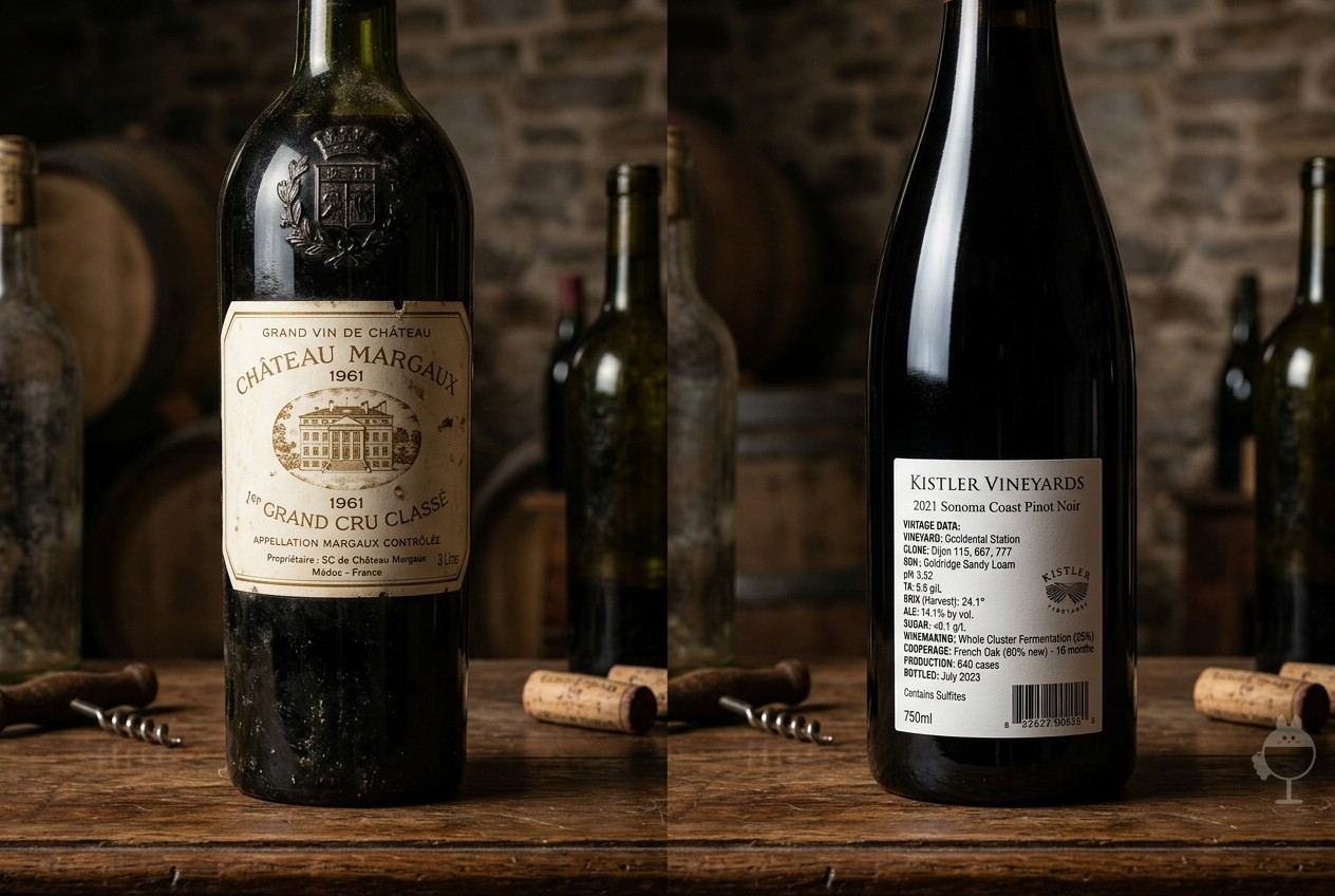 Two bottles on a wooden table: an old bottle with a worn cream front label, and a dark bottle with a white back label printed with technical details, with corks and corkscrews around them