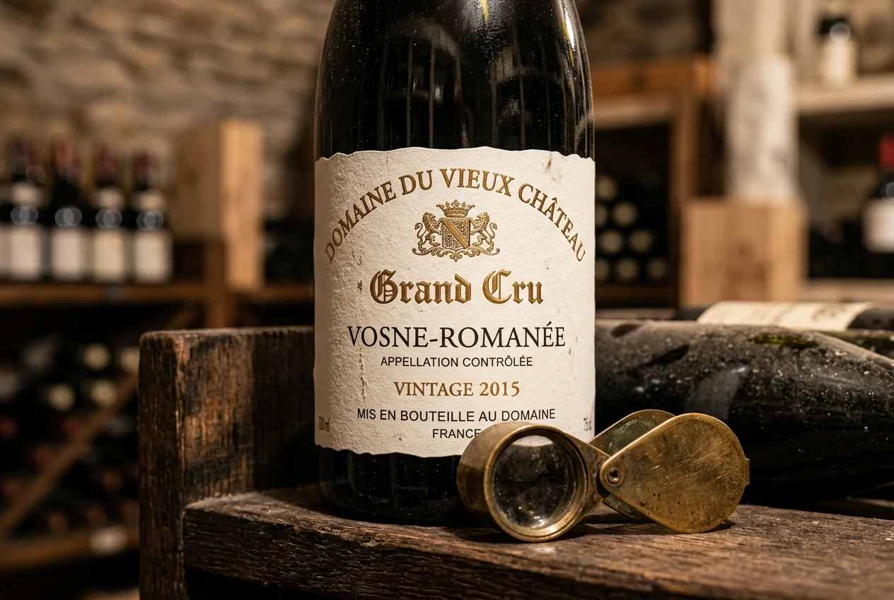 Close-up examination of a fine wine label deciphering appellation laws, vintage, and estate bottling seals