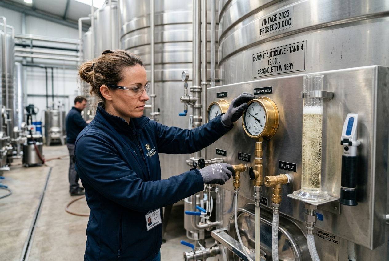 Técnica enóloga ajustando válvulas de presión en un depósito autoclave de acero inoxidable