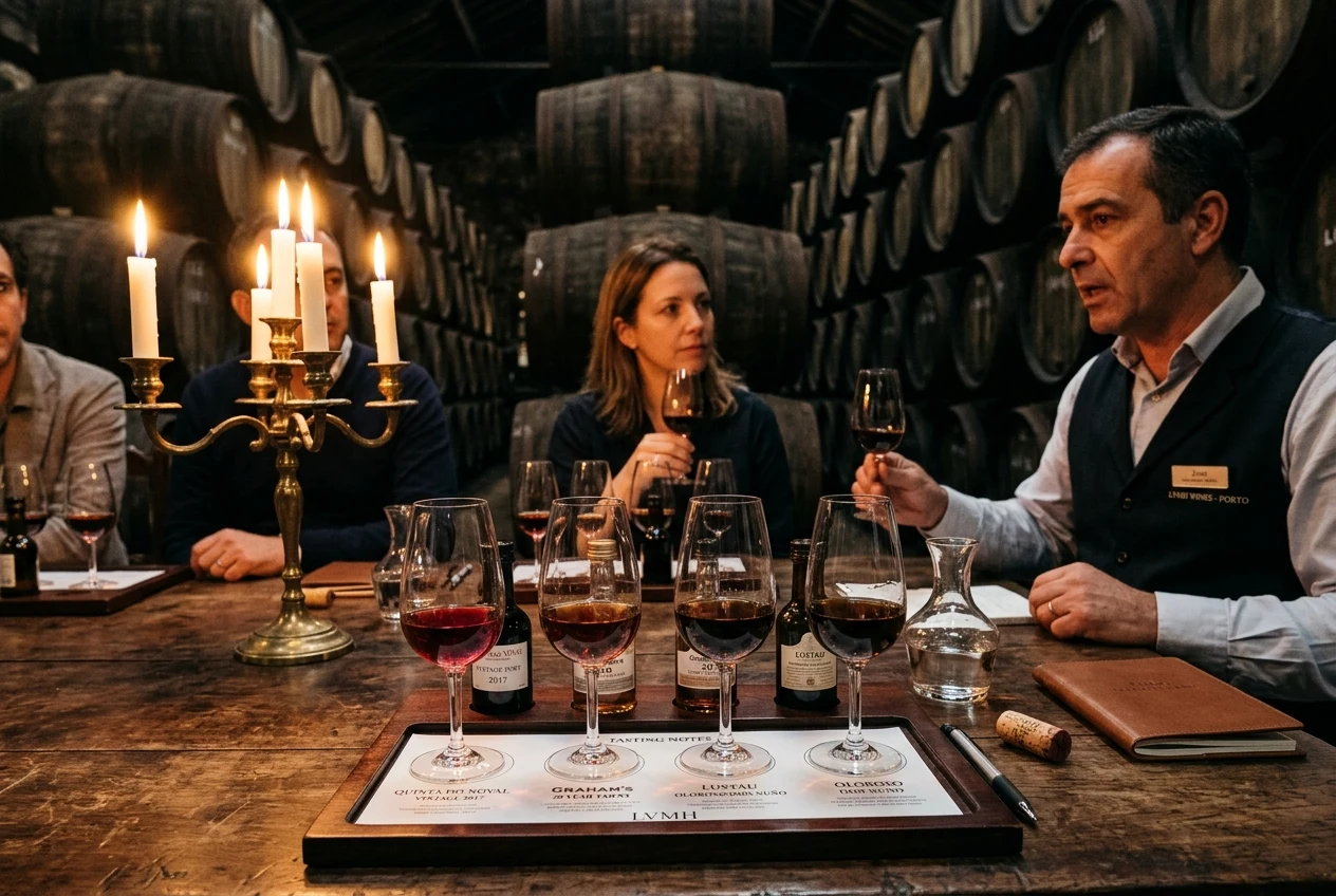 Atmospheric tasting of fine Port and Sherry in traditional dark wooden barrel lodge in Porto