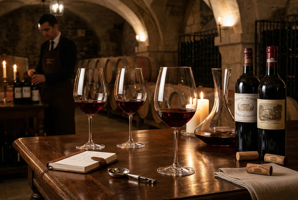 Análise sensorial profissional de vinho tinto fino em taças de cristal sobre carvalho escuro