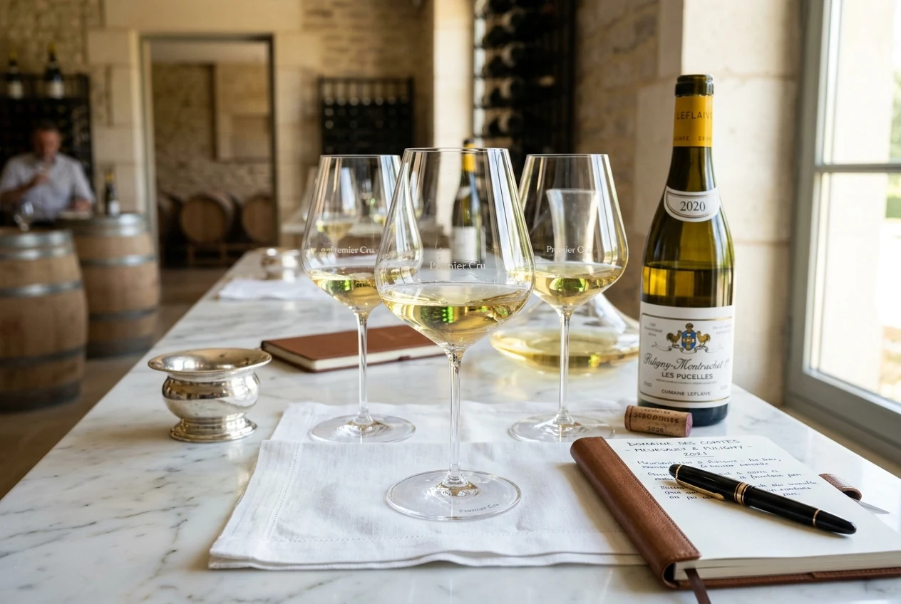 Degustazione sensoriale di vino bianco pregiato in calici di cristallo alla luce naturale