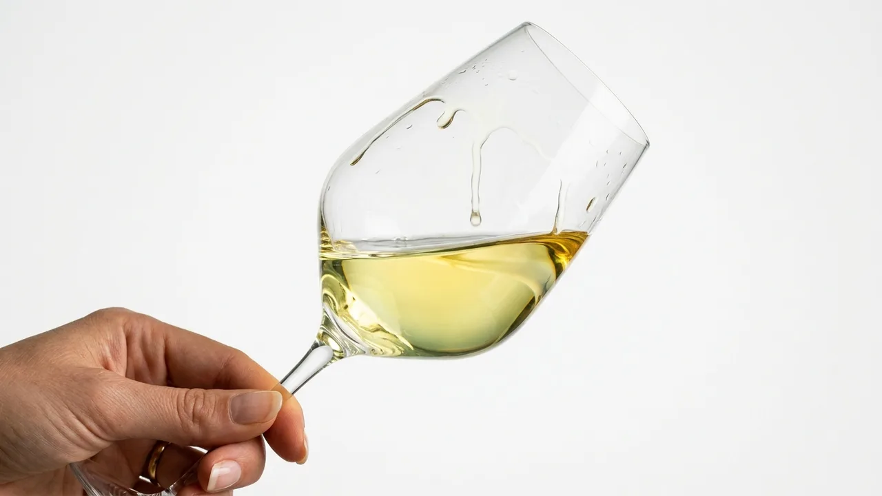 Analisi visiva del vino bianco: riflessi verdolini e dorati con limpidezza del disco