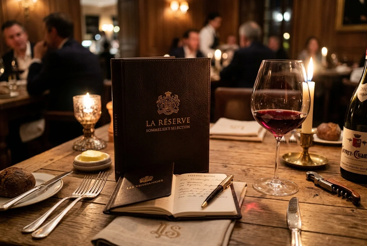 A dedicated deductive tasting setting with a restaurant wine list, tasting sheet, and fine wine glasses