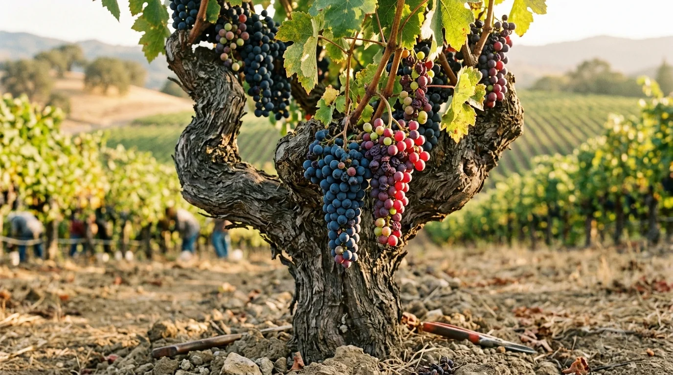 Knorriger alter Rebstock mit Trauben aus dunkelblauen, roten, rosa und grünen Beeren, Rebscheren auf dem trockenen, steinigen Boden und Lesehelfer in den Reihen dahinter