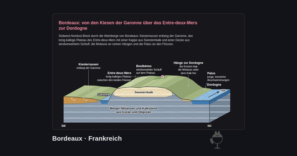 Bordeaux, Frankreich. Bordeaux: von den Kiesen der Garonne über das Entre-deux-Mers zur Dordogne: Dordogne, Boulbènes, Garonne, Entre-deux-Mers, Palus, Kiesterrassen, Hänge zur Dordogne, Seesternkalk, Mergel, Molassen und Kalksteine aus Eozän und Oligozän