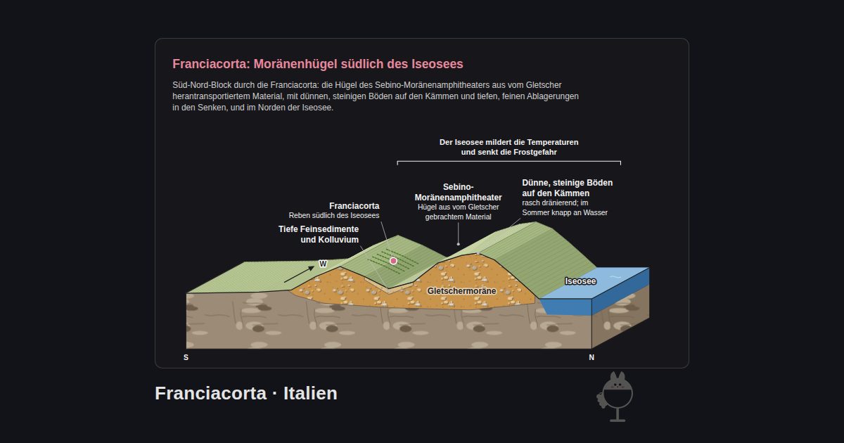 Franciacorta, Italien. Franciacorta: Moränenhügel südlich des Iseosees: Tiefe Feinsedimente und Kolluvium, Iseosee, Sebino-Moränenamphitheater, Dünne, steinige Böden auf den Kämmen, Franciacorta, Gletschermoräne, Der Iseosee mildert die Temperaturen und senkt die Frostgefahr