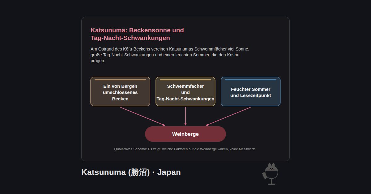 Katsunuma (勝沼), Japan. Katsunuma: Beckensonne und Tag-Nacht-Schwankungen: Ein von Bergen umschlossenes Becken, Schwemmfächer und Tag-Nacht-Schwankungen, Feuchter Sommer und Lesezeitpunkt → Weinberge