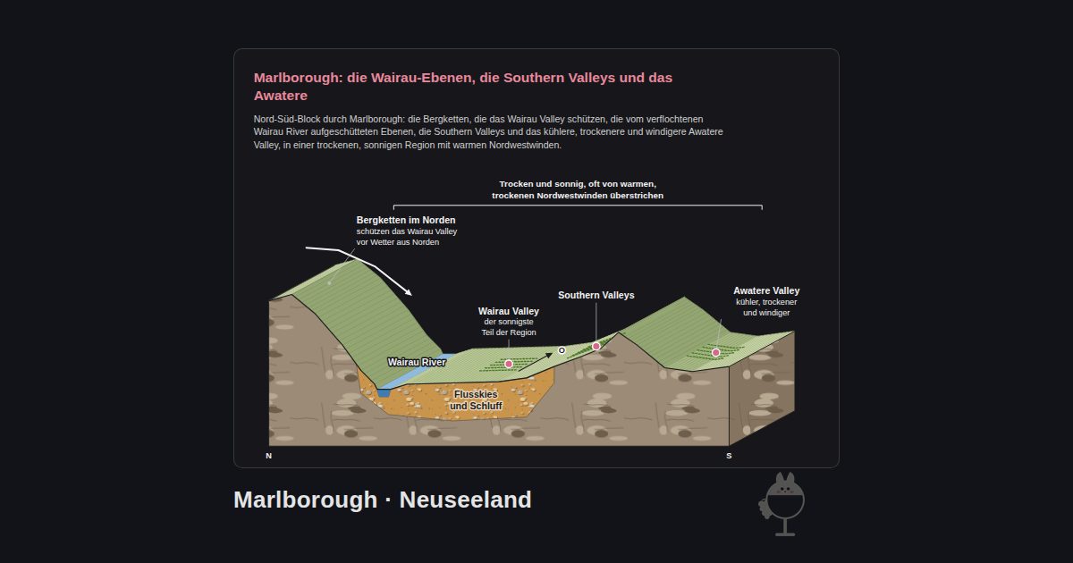 Marlborough, Neuseeland. Marlborough: die Wairau-Ebenen, die Southern Valleys und das Awatere: Bergketten im Norden, Wairau River, Wairau Valley, Southern Valleys, Awatere Valley, Flusskies und Schluff, Trocken und sonnig, oft von warmen, trockenen Nordwestwinden überstrichen