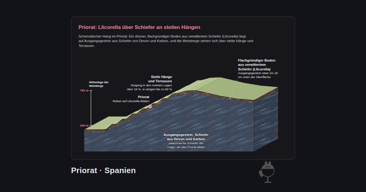 Priorat, Spanien. Priorat: Llicorella über Schiefer an steilen Hängen: Ausgangsgestein: Schiefer aus Devon und Karbon, Priorat, Steile Hänge und Terrassen, Flachgründiger Boden aus verwittertem Schiefer (Llicorella)