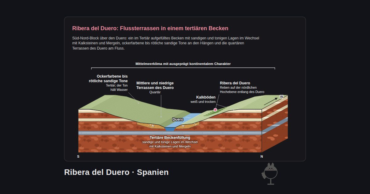 Ribera del Duero, Spanien. Ribera del Duero: Flussterrassen in einem tertiären Becken: Duero, Ribera del Duero, Kalkböden, Mittlere und niedrige Terrassen des Duero, Ockerfarbene bis rötliche sandige Tone, Tertiäre Beckenfüllung, Mittelmeerklima mit ausgeprägt kontinentalem Charakter