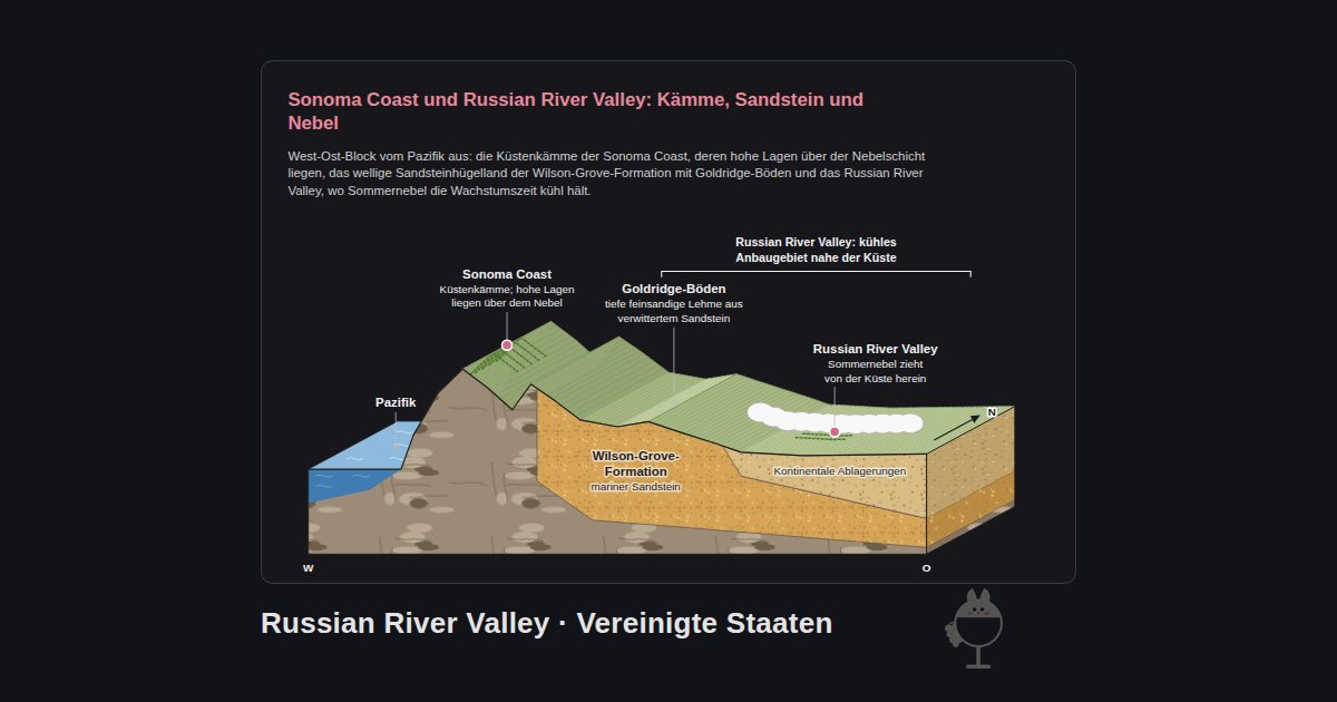 Russian River Valley, Vereinigte Staaten. Sonoma Coast und Russian River Valley: Kämme, Sandstein und Nebel: Pazifik, Sonoma Coast, Goldridge-Böden, Russian River Valley, Wilson-Grove-Formation, Kontinentale Ablagerungen, Russian River Valley: kühles Anbaugebiet nahe der Küste