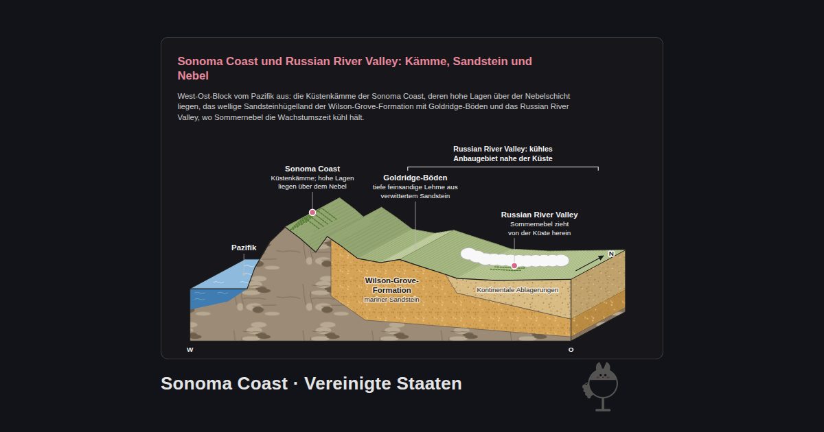 Sonoma Coast, Vereinigte Staaten. Sonoma Coast und Russian River Valley: Kämme, Sandstein und Nebel: Pazifik, Sonoma Coast, Goldridge-Böden, Russian River Valley, Wilson-Grove-Formation, Kontinentale Ablagerungen, Russian River Valley: kühles Anbaugebiet nahe der Küste