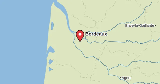 Bordeaux and its surroundings: map with a pin. Pin colour: Red wine