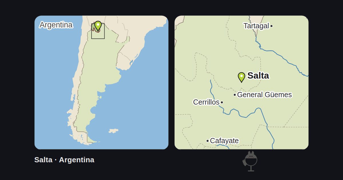 Argentina: map showing where Salta is, and a map of its surroundings