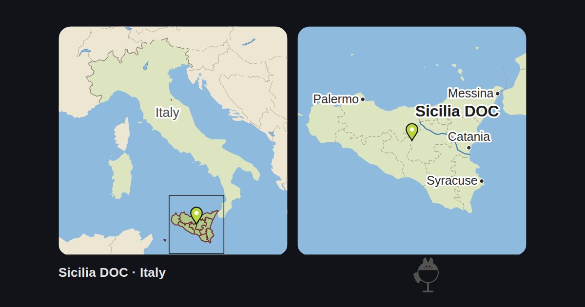Italy: map showing where Sicilia DOC is, and a map of its surroundings