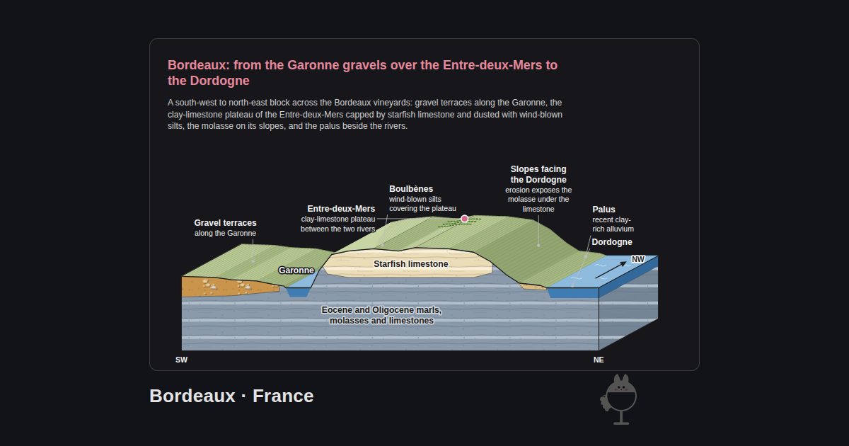 Bordeaux, France. Bordeaux: from the Garonne gravels over the Entre-deux-Mers to the Dordogne: Dordogne, Boulbènes, Garonne, Entre-deux-Mers, Palus, Gravel terraces, Slopes facing the Dordogne, Starfish limestone, Eocene and Oligocene marls, molasses and limestones