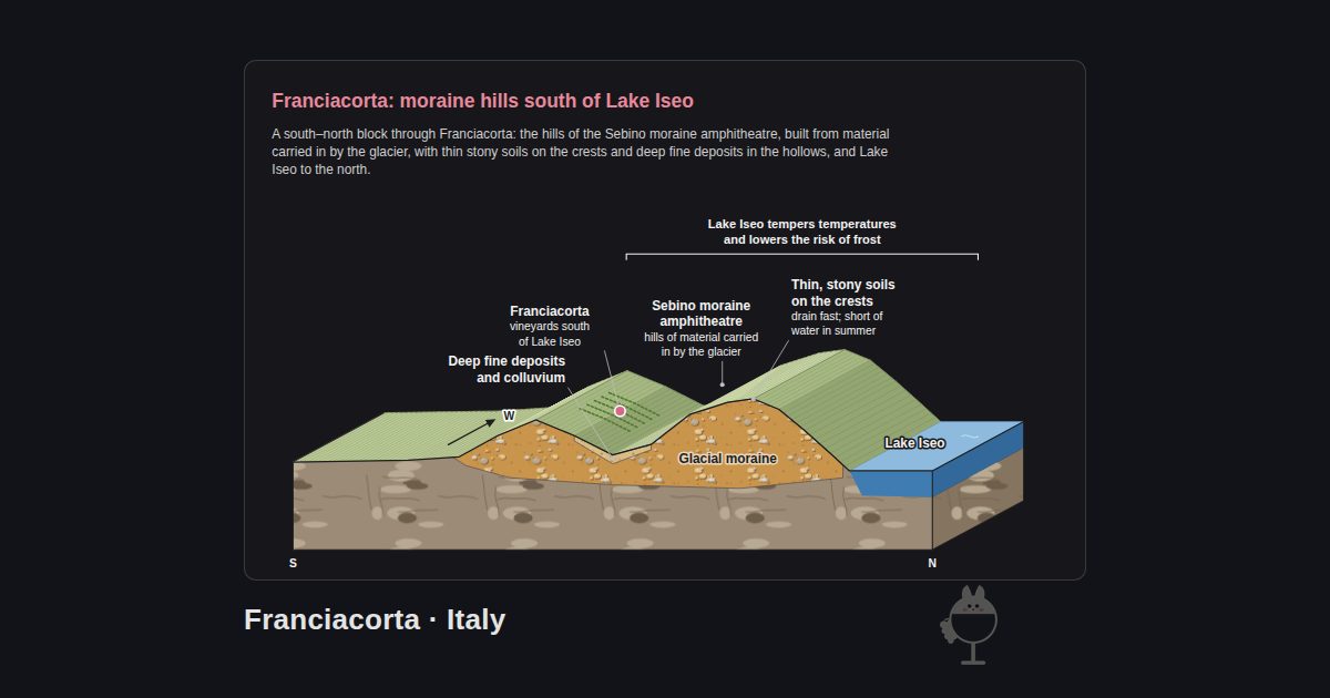Franciacorta, Italy. Franciacorta: moraine hills south of Lake Iseo: Deep fine deposits and colluvium, Lake Iseo, Sebino moraine amphitheatre, Thin, stony soils on the crests, Franciacorta, Glacial moraine, Lake Iseo tempers temperatures and lowers the risk of frost
