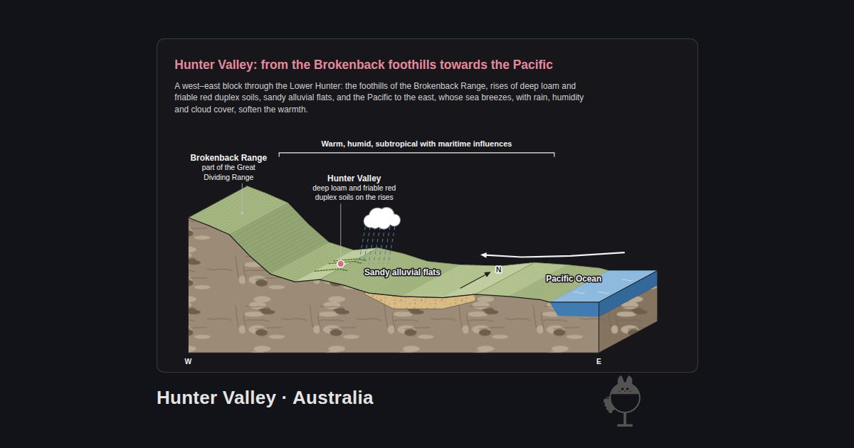 Hunter Valley, Australia. Hunter Valley: from the Brokenback foothills towards the Pacific: Brokenback Range, Hunter Valley, Sandy alluvial flats, Pacific Ocean, Warm, humid, subtropical with maritime influences
