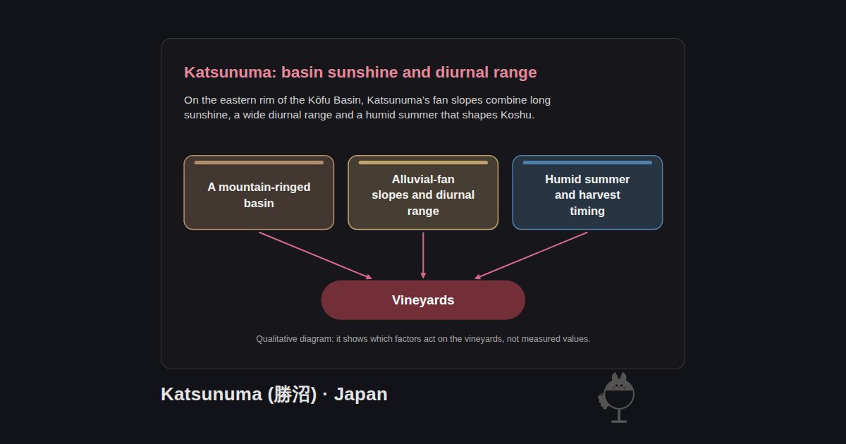 Katsunuma (勝沼), Japan. Katsunuma: basin sunshine and diurnal range: A mountain-ringed basin, Alluvial-fan slopes and diurnal range, Humid summer and harvest timing → Vineyards