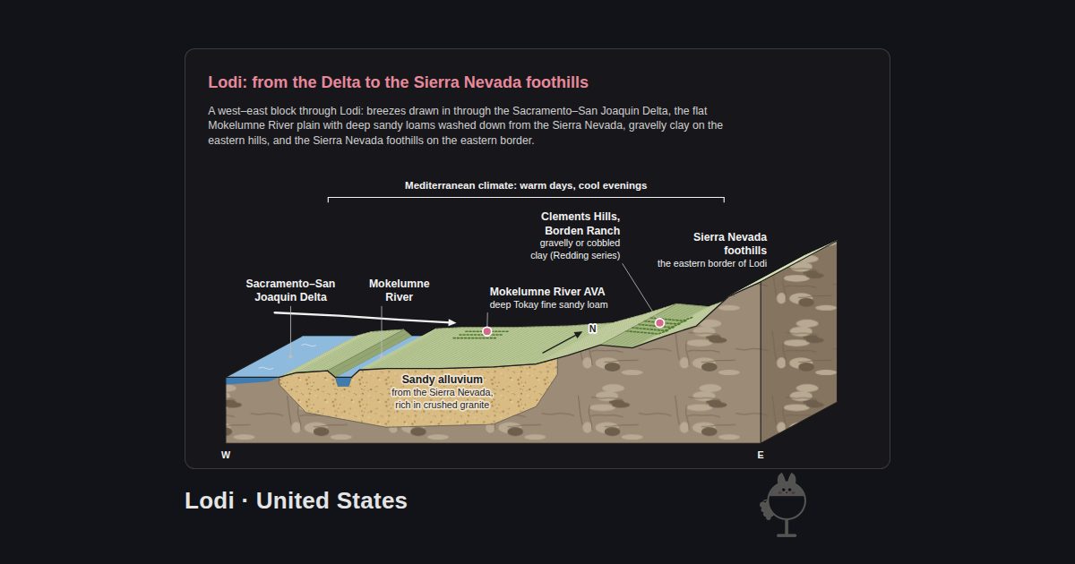 Lodi, United States. Lodi: from the Delta to the Sierra Nevada foothills: Sacramento–San Joaquin Delta, Mokelumne River, Mokelumne River AVA, Sierra Nevada foothills, Clements Hills, Borden Ranch, Sandy alluvium, Mediterranean climate: warm days, cool evenings