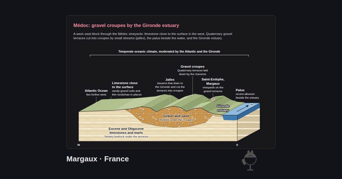 Margaux, France. Médoc: gravel croupes by the Gironde estuary: Palus, Jalles, Saint-Estèphe, Margaux, Gravel croupes, Atlantic Ocean, Limestone close to the surface, Gironde estuary, Gravel and sand, Eocene and Oligocene limestones and marls, Temperate oceanic climate, moderated by the Atlantic and the Gironde